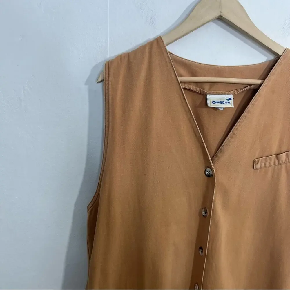 Vintage OshKosh Cotton Weathered Hazel Brown V Neck Dress Women's Size 12